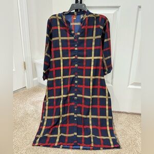 Women's Bright Blue Button-Down Shirt with Gold and Red Plaid - Size Small